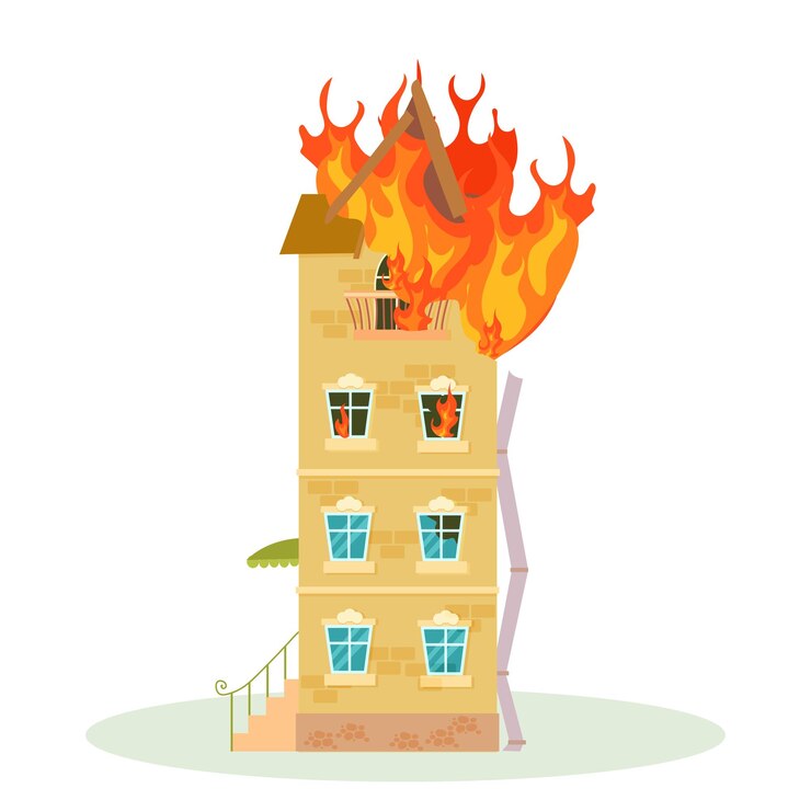Vector fire the destroyed building is on fire ruined city buildings after the war damaged city with old broken dilapidated housing vector illustration isolated on white background