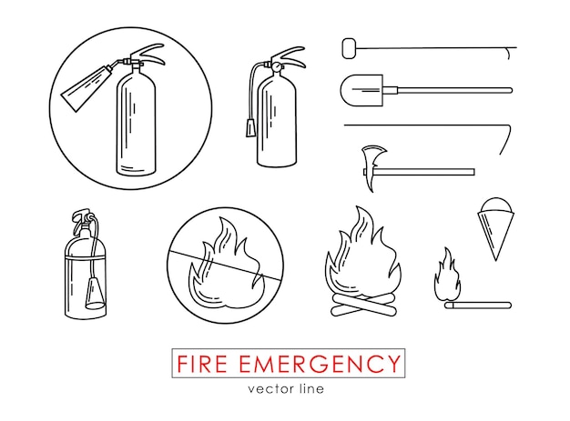 Fire emergency set of icons in line technique