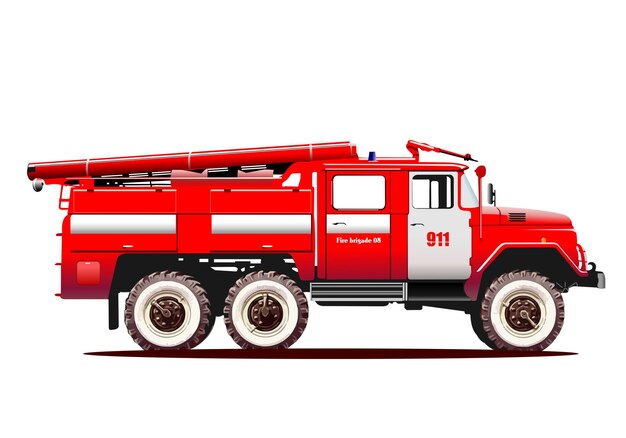 Fire engine on city background Hand drawn Vector illustrationv