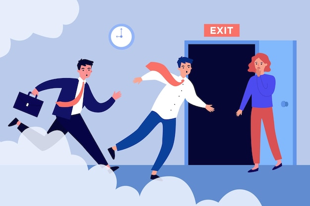 Vector fire evacuation of employees from office. persons leaving workplace, running to open door flat vector illustration. emergency, protection concept for banner, website design or landing web page