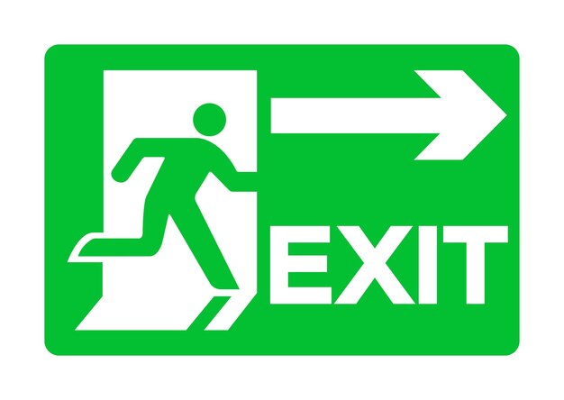 白い背景に隔離された火災救急出口の緑色の看板