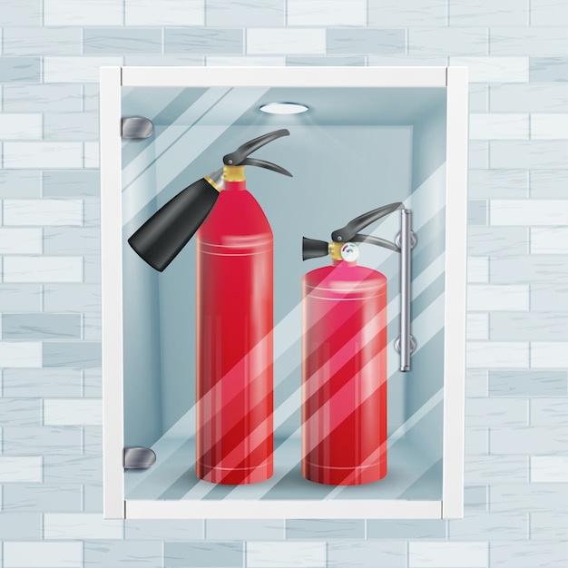 Fire Extinguisher In Brick Wall Niche Vector. Metal Glossiness Realistic Red Fire Extinguisher Illustration