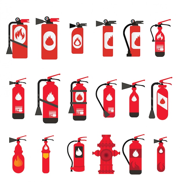 Vector fire extinguisher different types and sizes, fire safety set different types of extinguishers