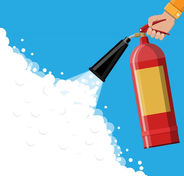 Vector fire extinguisher in hand with foam