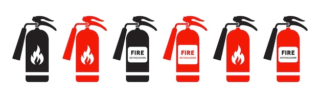 Vector fire extinguisher icon set firefighters tools for flame fighting attention in black and red color