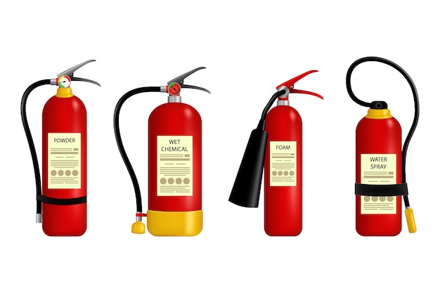 Vector fire extinguisher. metal glossiness realistic red fire extinguisher. red fire extinguisher emergency danger.