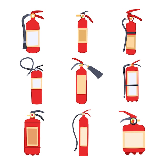 소화기 세트 만화 불꽃 위험 보안 안전 소화기 빨간 소화기 표지 고립된 기호  ⁇ 터 그림