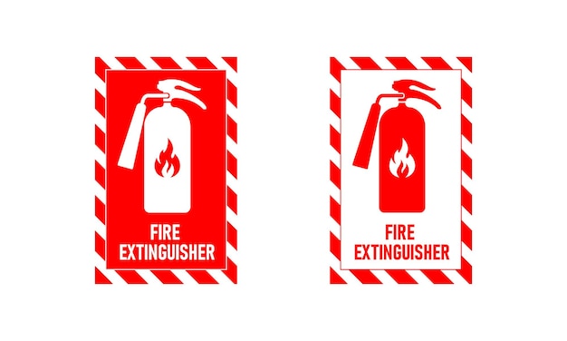 消火器の標識、火炎と戦うための消防士のツール、注意色のベクトル
