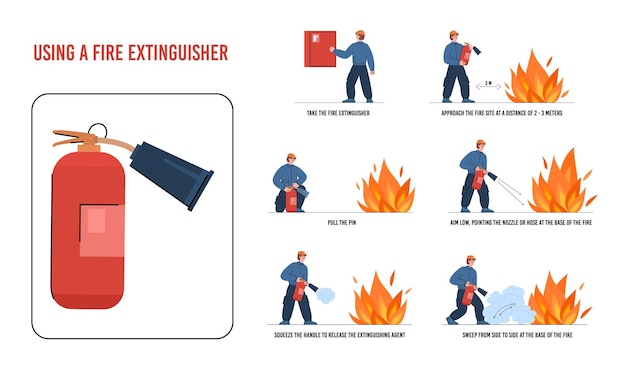 Istruzioni per l'uso dell'estintore con illustrazione vettoriale piatta vigile del fuoco su sfondo bianco con tex