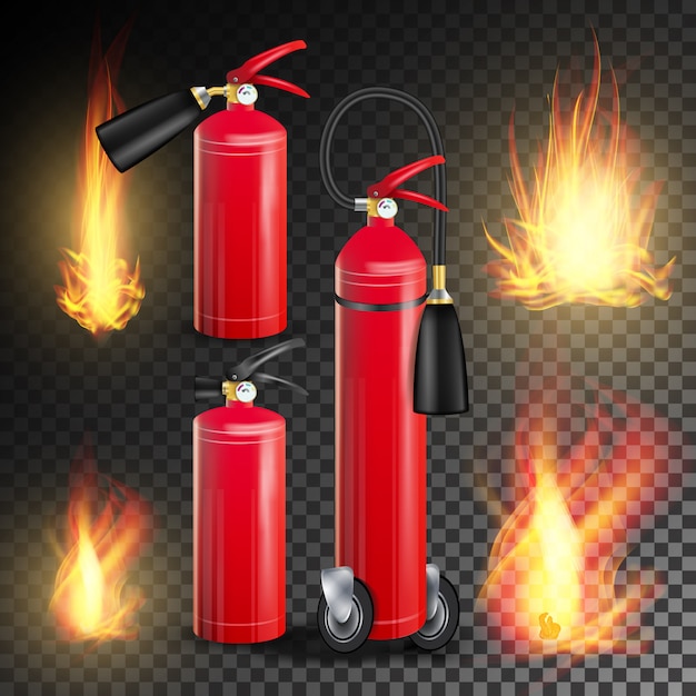 Fire Extinguisher Vector. Burning Fire Flame And Metal Glossiness Realistic Red Fire Extinguisher. Transparent Illustration