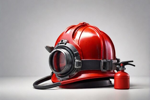 Вектор Пожарный огнетушитель с пожарным шлемом крупный 3d-рендеринг изолирован на белом фоне