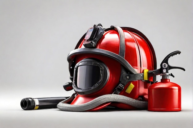 Vettore estintore con casco di vigile del fuoco close-up rendering 3d isolato su sfondo bianco