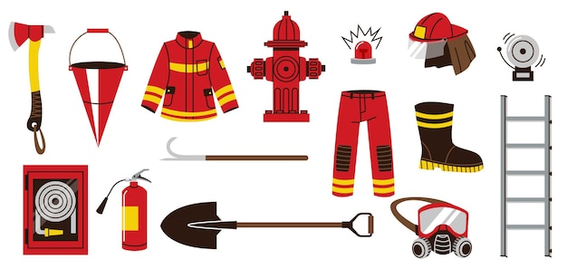 Fire fighting equipment cartoon fireman tools doodle flat style firefighter icons axe bucket hose hydrant helmet safety concept vector isolated set