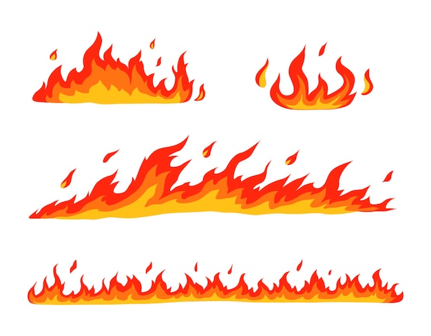 Vettore fiamma di fuoco cartoon falò e bordi infuocati elementi decorativi modelli colorati per la masterizzazione di edifici vettoriali hot set