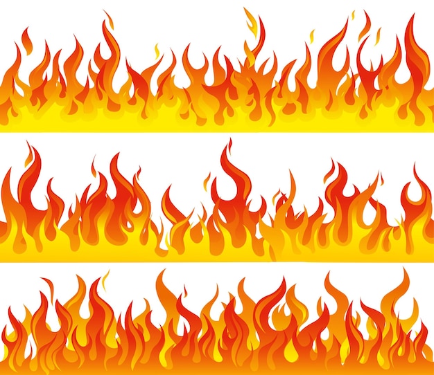 Vector fire flame seamless border icon set with different types of flames from yellow to dark orange illustration