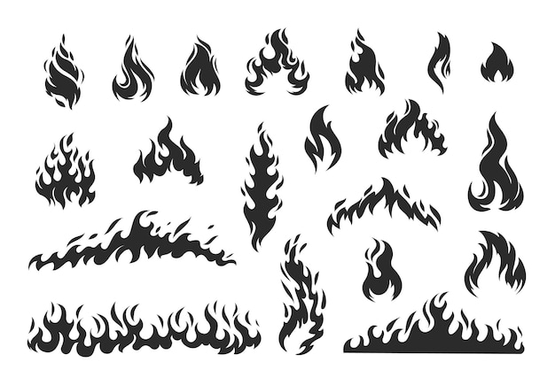 Vector fire flame silhouette set. icon flare bonfire, bright small and big fiery elements. simple flaming elements vector illustration.