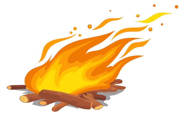 Vector fire flame on wind cartoon campfire burning outdoors