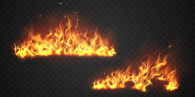 Vector fire flames burning red hot sparks realistic