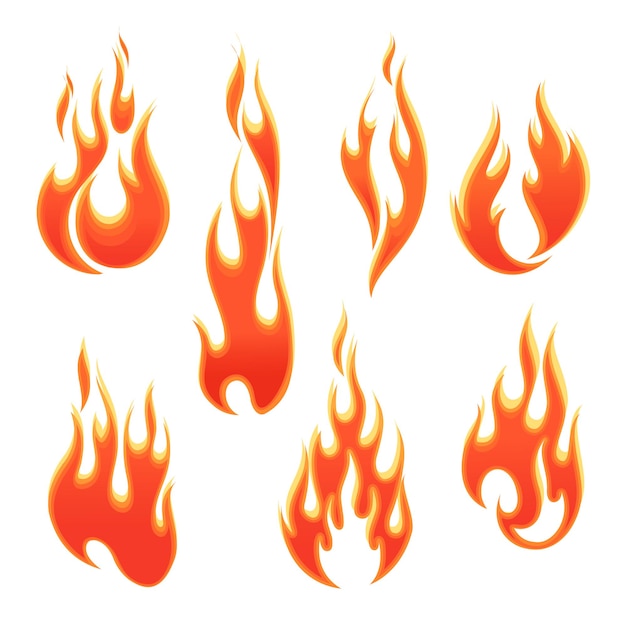 Fire flames of different shapes on white background Vector illustration