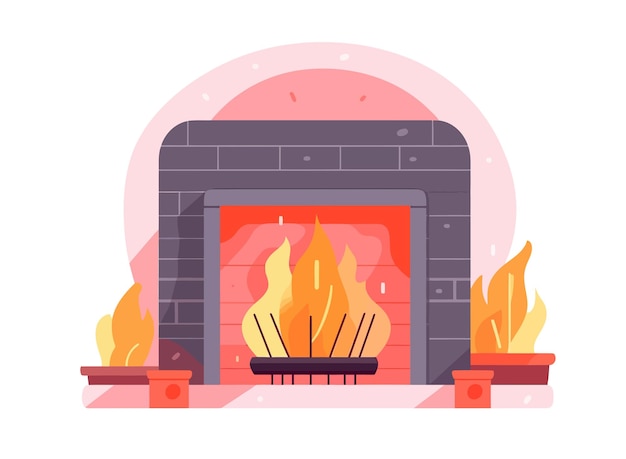 Fire flames in fireplace Cozy home fireside with burning blazes metal grate Isolated on white background Vector cartoon illustration