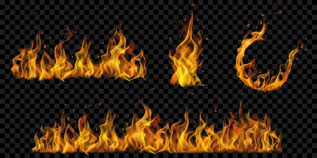 Vector fire flames and sparks design on black translucent background