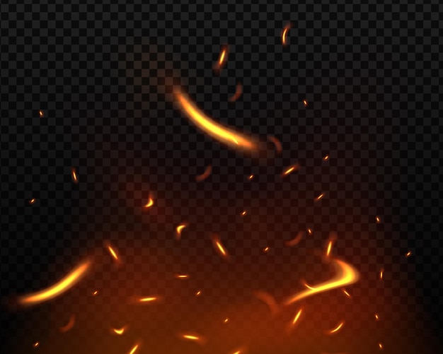 Fire flying sparks background vector realistic heat effect of flame in bonfire isolated on