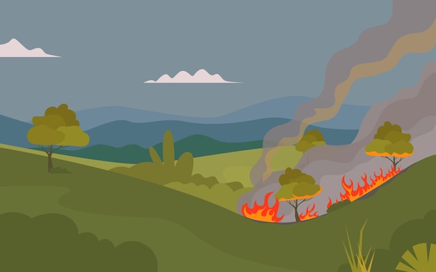 Vector fire in the forest wildfire forest fires disaster mountain trees vector illustration