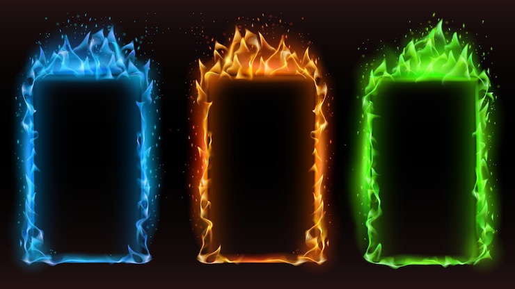 Vector fire frames diffrent colors. vector fire frame color, motion effect orange and blue glowing, danger flammable banner illustration