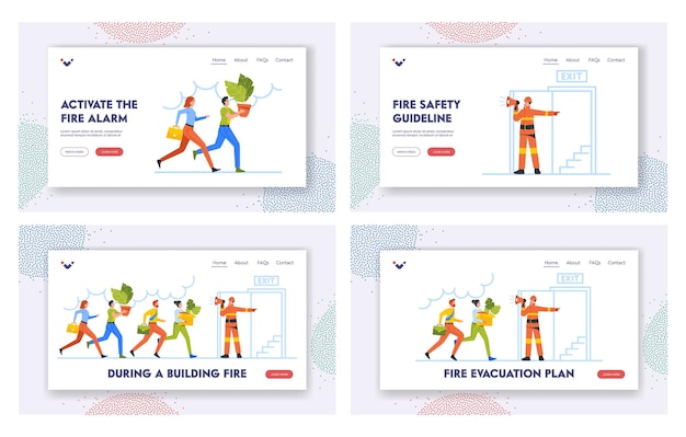 Fire Hazard at Workplace Landing Page Template Set Fireman with Megaphone Announce Emergency Evacuation Alarm