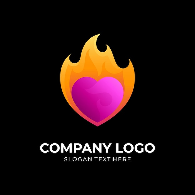 Combinazione di design logo fuoco e cuore, stile 3d