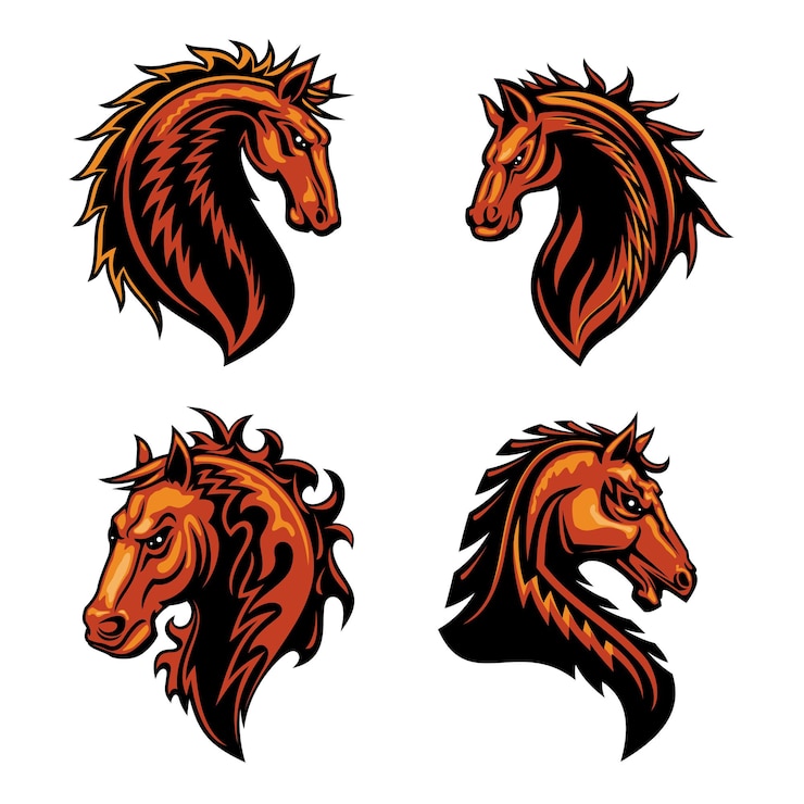 Vector fire horse head mascot with brown wild mustang stallion