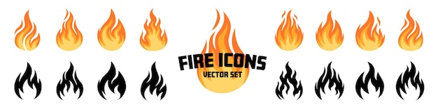 Insieme di vettore delle icone del fuoco icone piatte e silhouette