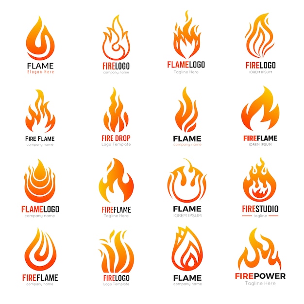 ベクトル 火のロゴ。燃える炎のホットシンボルコレクションビジネスアイデンティティ。イラスト火のロゴ、ホットオレンジ炎