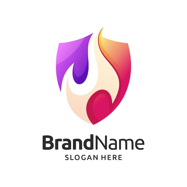 Шаблон логотипа или значка огня с иллюстрацией дизайна щита и стилем градиентного цвета