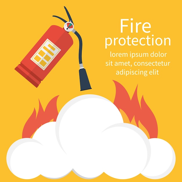 Protezione antincendio sicurezza antincendio estintore mirato al fuoco illustrazione vettoriale design piatto modello banner per web design e stampa luogo per descrivere le istruzioni in caso di incendio