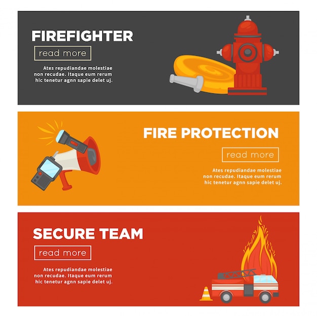 Vector fire protection and firefighter team of fire security web banner template set