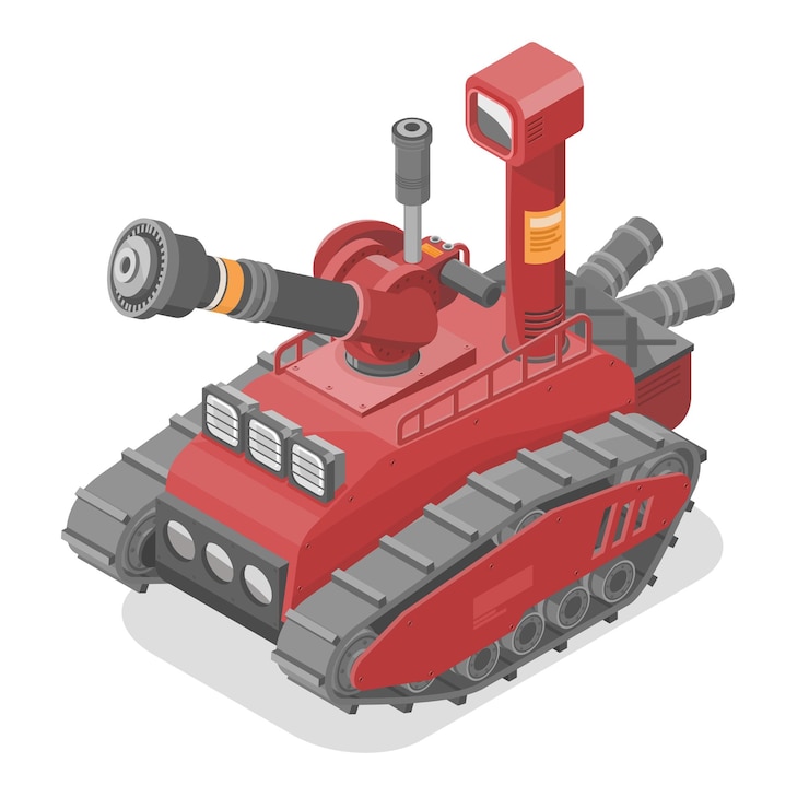 Vector fire rescue firefighting and scouting robot safety service usd red fire fighting isometric isolated
