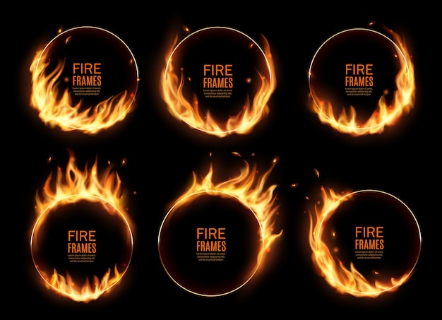 Fire rings, burning  round frames. Realistic burn circles with flame tongues on edges. 3d flare circles for circus performance, Burned hoops or holes in fire,  circular borders set