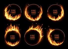 Fire rings, burning  round frames. realistic burn circles with flame tongues on edges. 3d flare circles for circus performance, burned hoops or holes in fire,  circular borders set