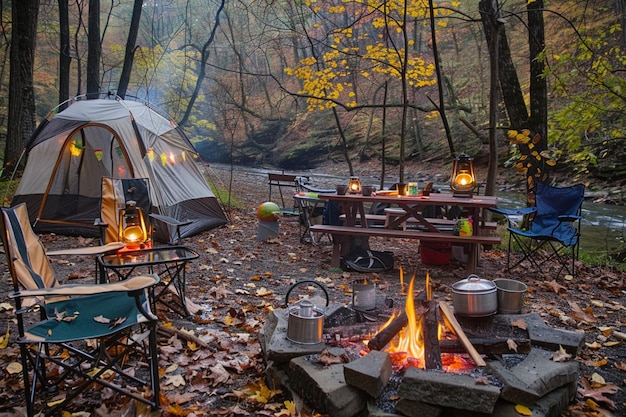 Fire on the river preparing food boat forest in the distance Campsite on lake in northern Mines