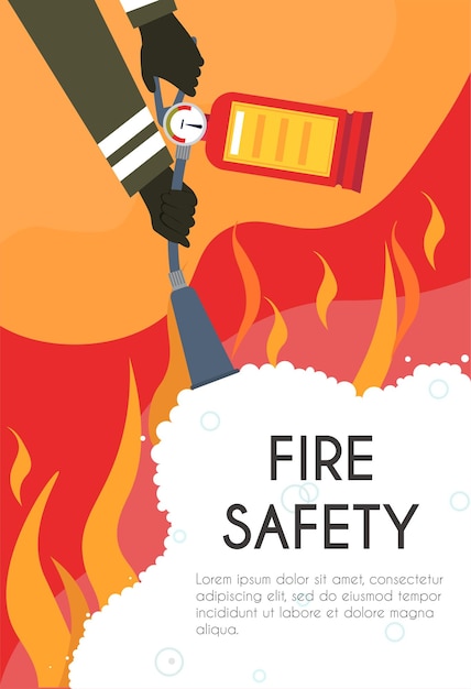 Vector fire safety concept firefighter with fire extinguisher in his hands fighting flames safety measures
