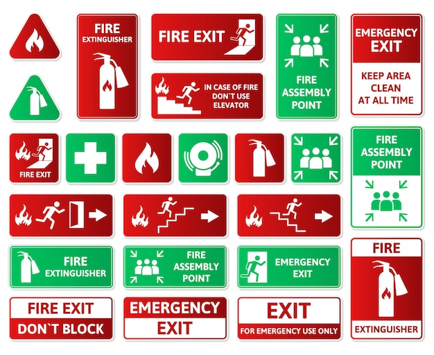 火災安全、緊急標識、応急処置、集合場所および出口の記号。緊急火災危険警報、応急処置ベクトルイラストセット。非常口、非常口アイコン。警告看板と緊急事態