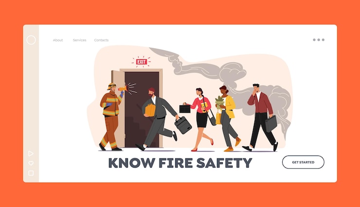 Vector fire safety landing page template. fireman with megaphone announce evacuation alarm. alert building occupant characters escape office in life-threatening situation. cartoon people vector illustration