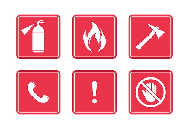 Fire safety signs set. Fire emergency icons. Protection signs. Vector flat style.