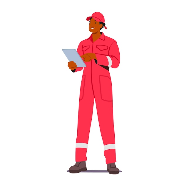 ベクトル 消防士の男性キャラクターは赤い制服を着て、手にタブレットを持ち、火災の危険を監視することで公共の安全を確保します
