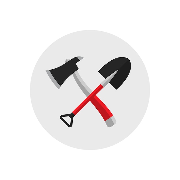 Fire shovel and ax. Single silhouette fire equipment icon. Flat style.