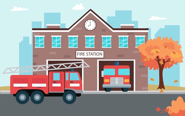 Vector fire station building with fire trucks in the city