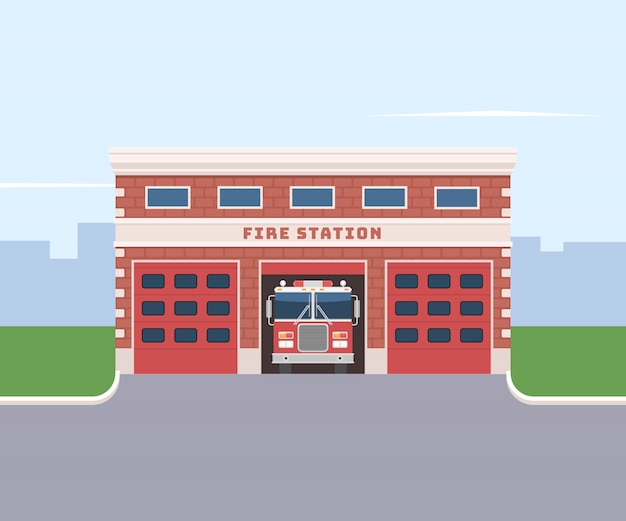 Vector fire station with a fire truck