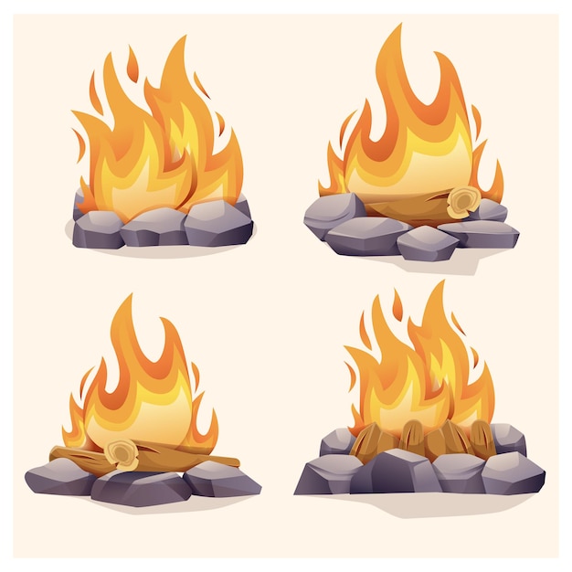 The fire surrounded with stones isolated on a white background. Vector cartoon close-up illustration