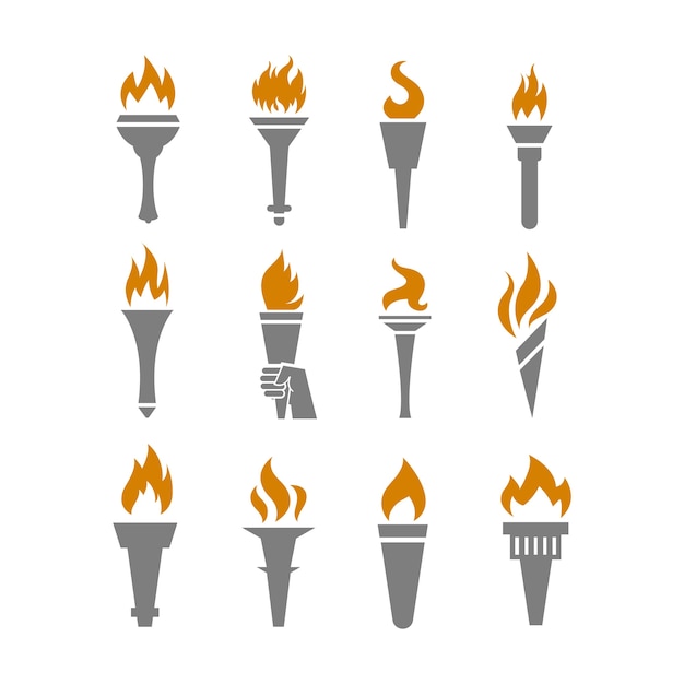 Vector fire torch with flame flat icons set